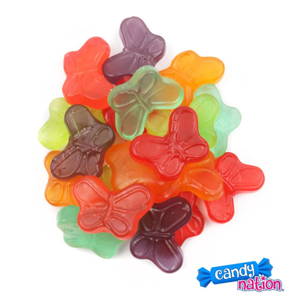 Assorted Mini Gummy Butterflies, purple, light red, orange, light blue, light green, red. 4/5lb case, approx 80 per lb.