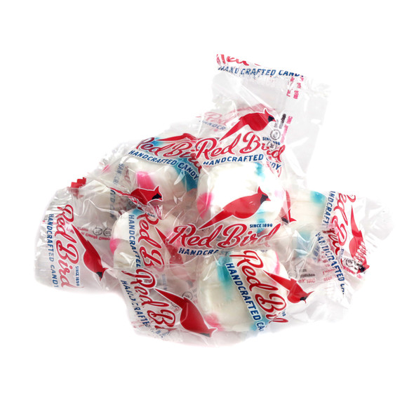 Red Bird Cotton Candy Puffs bulk 20lb box, featuring red and blue striped cotton-flavored mints, approx. 80 per lb.