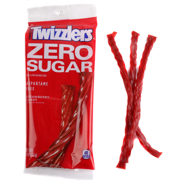 Twizzlers Sugar Free Strawberry Licorice Candy, 5oz red bag with many chewy strands.