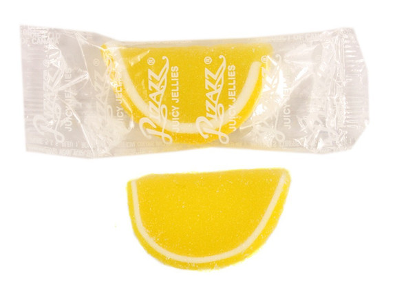 Yellow and white lemon jelly fruit slices, sugar-dusted, individually wrapped. Bulk 20lb box, approx 32 per pound.