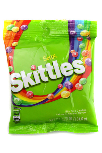 Sour Skittles 12-pack, 5.7oz bags. Assorted sour red, green, yellow, orange, purple candies.