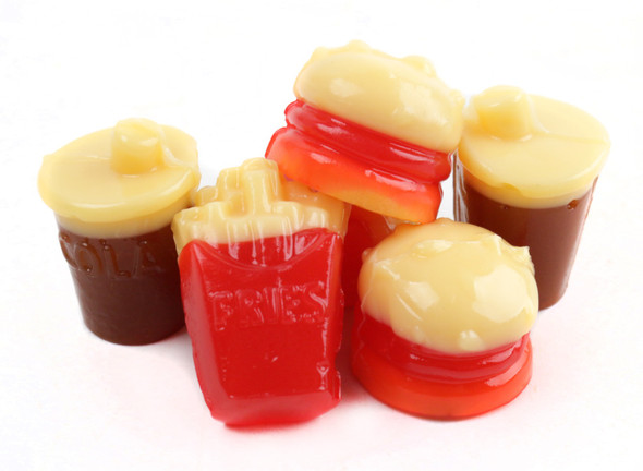 3D Gummy Fast Food, 6 count, 2.2lb. Playful gummies shaped like colorful fries, burgers, and soda cups.