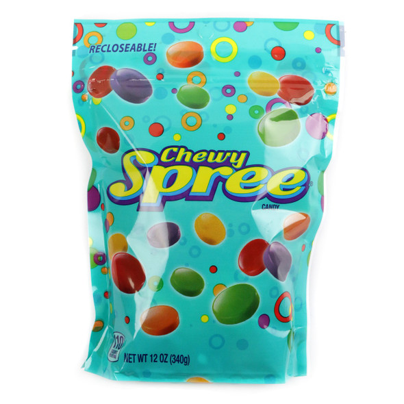 Chewy Spree candy, a rainbow of grape, lemon, lime, cherry, orange disks in 8, 12oz peg bags.