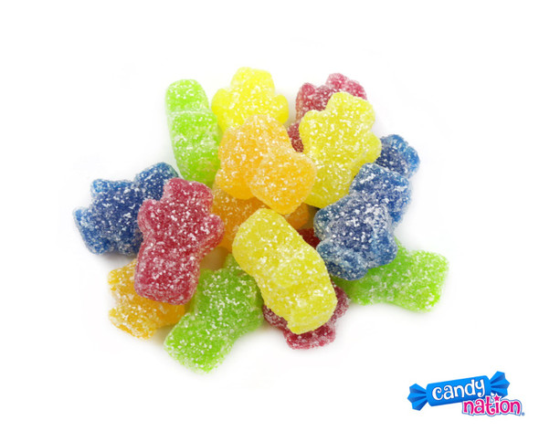 Sour Gummy Blockheads, 4.4lb bulk bag. Rainbow-colored strawberry, orange, lemon, apple, blueberry sour candies.
