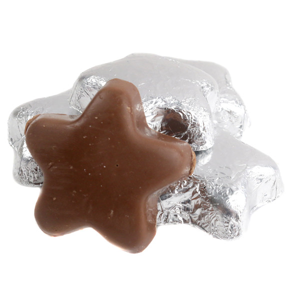 Madelaine milk chocolate stars, bright silver foil wrapped, 1.5 inches, approximately 45 per pound.
