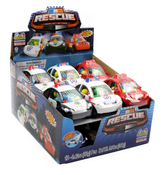 12-count assorted Rescue Ride candy-filled toy cars, red fire, white paramedic, blue police vehicles.