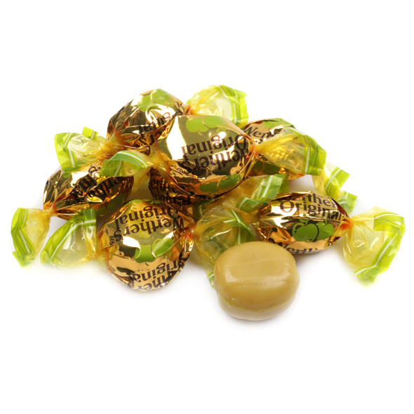 12 individually wrapped Werthers Caramel Apple Hard Candies, golden brown, with creamy green apple filling, 5.5 oz.