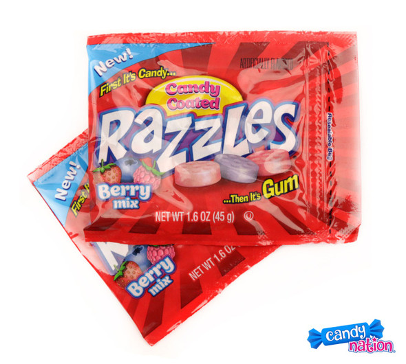 Razzle Berry Mix, 12 boxes, each with 24 packs of round red, pink, blue candies.