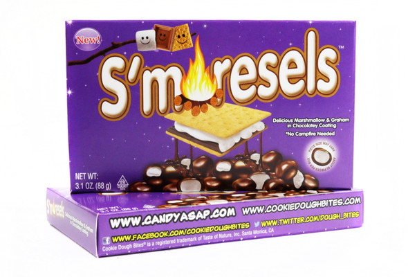 Smore Cookie Dough Bites, 12 movie theater packs, 60 bites each. Bitesize marshmallow, graham, chocolatey coating.