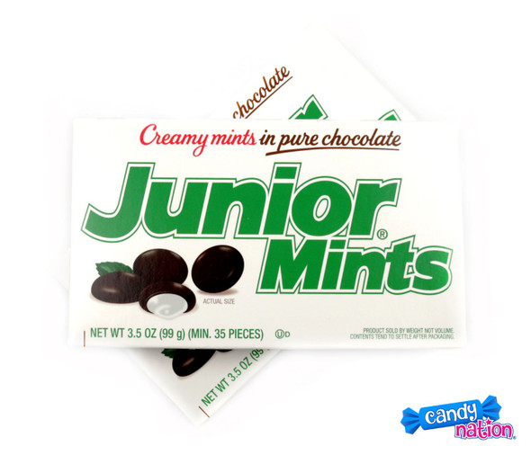 12 Junior Mints dark chocolate peppermint candy theater boxes, 3.5oz each.