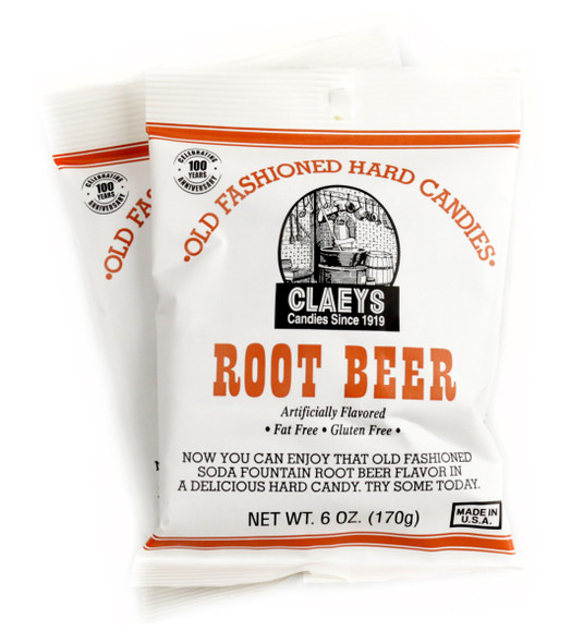 Claey's Old Fashioned Root Beer Hard Candy Drops, 24x 6oz bags. Approximately 42 amber-colored pieces per bag.