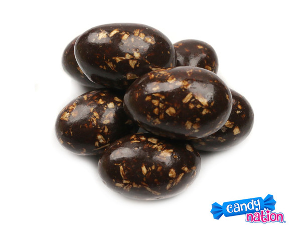 Rich dark chocolate covered coconut almonds, bite-sized, generous coating, numerous pieces, 15lb bulk box.
