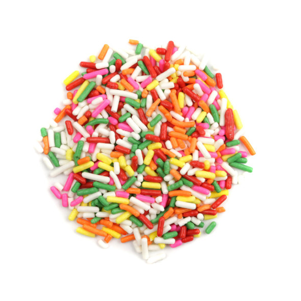 6lb bulk box of vibrant rainbow sprinkles, classic colorful candy for topping ice cream, cakes, and desserts.