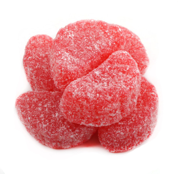 31lb box of sugar-coated red jelly Cherry Slices, approx 35 per pound, bursting with sweet cherry flavor.