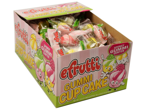 Bright, assorted color gummy cupcakes, 60 pieces per pack, 8 packs total. Marshmallow texture, vanilla creme flavor.