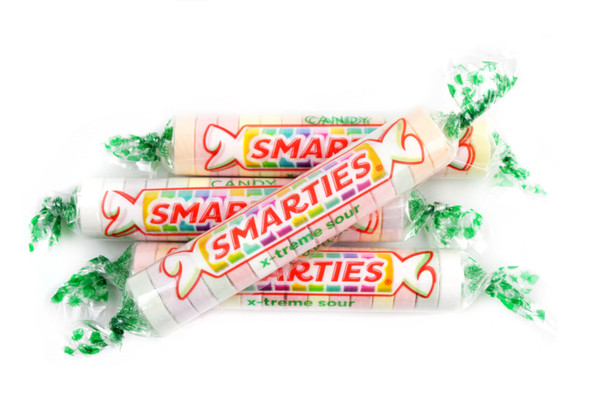 Sour Smarties candy, 40 LB case. Multi-colored, small disc-shaped candies, extreme sour pucker taste.