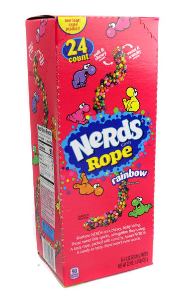 Rainbow Nerds Rope candy, 24 count. Brightly colored, chewy gummy ropes covered in crunchy Nerds, 12 packs.