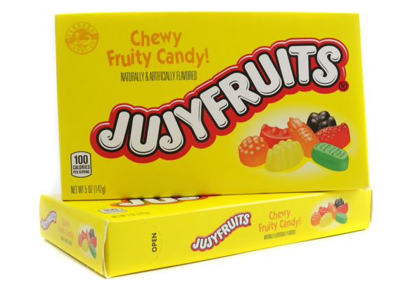 12 boxes 5oz Jujyfruits chewy fruit candy, approx 60 red, orange, yellow, green, black pieces per box.
