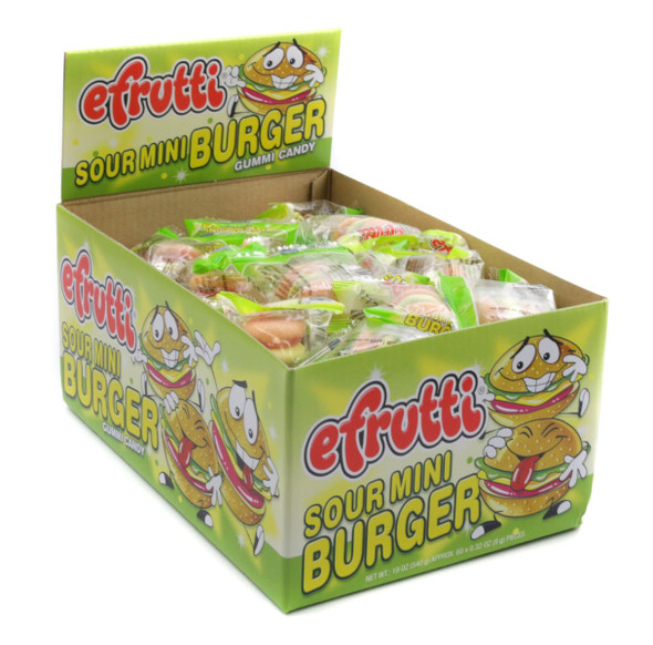 Assorted colored gummy mini sour burgers, individually wrapped. Each with bun, patty, cheese, pickle. 60 pieces, 8 packs.