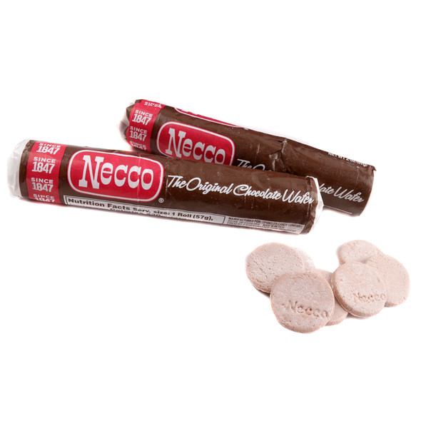 Necco Wafers Chocolate, 24 rolls, thin round brown cocoa wafer candy, classic retro US made treat.