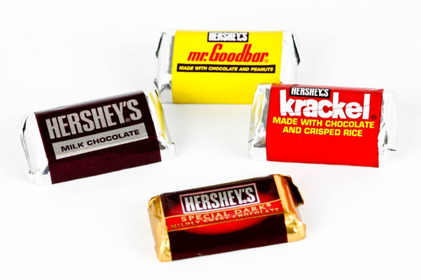 Assorted Hershey Miniatures, 25lb bulk, Milk Chocolate, Dark Chocolate, Mr. Goodbar, Krackel. Colorful mix of candies.
