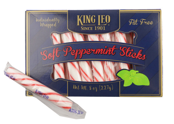 King Leo Soft Peppermint Sticks 12-pack, 12 boxes each with 20 traditional red, white striped peppermint candy sticks.