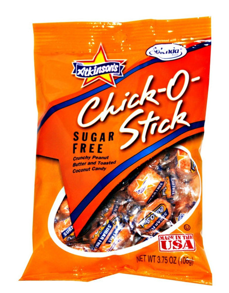 12 Chick-O-Stick Sugar Free 3.75oz peg bags, crunchy peanut butter candies, sweet toasted coconut.