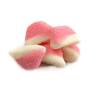 Bright red strawberry-shaped gummies with green stems & white cream, about 75 per lb. 5lb bag.