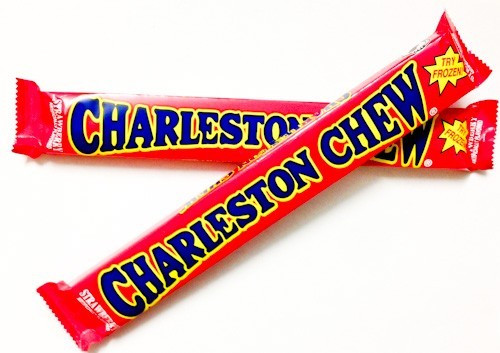 Red, chewy Charleston Chew Strawberry candy bar pieces, 24 count per box, 12 boxes.