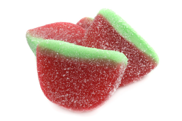 Vidal Watermelon Gummies, vibrant red mini slices, soft, chewy, sweet, tangy, juicy flavor. 4.4LB, 6 count.