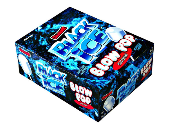 Black Ice Blow Pops, 12 packs, 48 black blackberry lollipops per box, bubble gum centers.