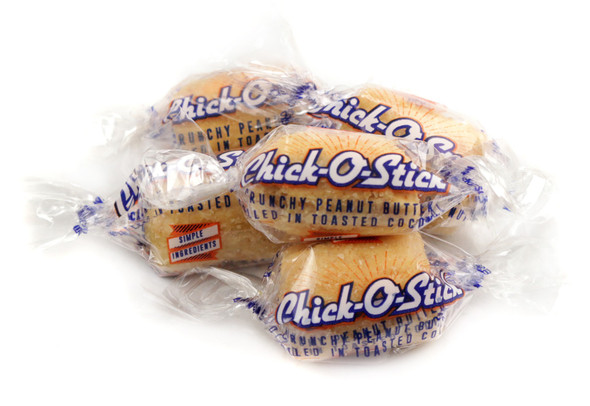 30lb bulk Chick-O-Stick Nuggets, 1-inch tan peanut butter candy pieces, with toasted coconut.