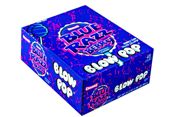 Blue Razzberry Blow Pops, 12 packs, 48 vibrant blue lollipops, bubble gum inside.