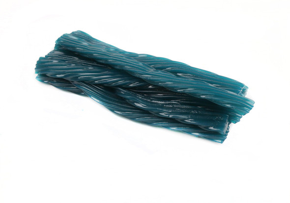 Bright blue jumbo Blue Raspberry licorice twists. 12 packs, 8oz each. Sweet, fruity, USA-made candy.