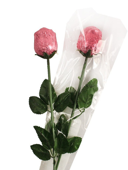 20 pink long-stemmed chocolate roses, individually wrapped in pink foil.