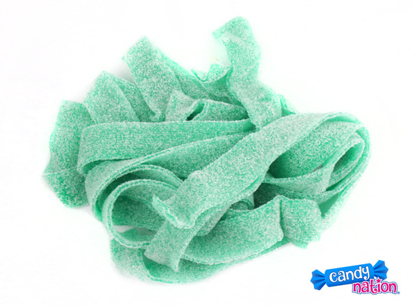 Dorval Sour Belts, super sour green apple candy strips, 9-inch long green belts, 19.8 LB case, tangy flavor.