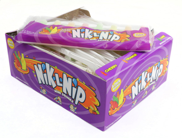 Nik L Nip Wax Bottles, bulk 6 boxes of 12 packs with 8 colorful fruit-flavored wax candy bottles.