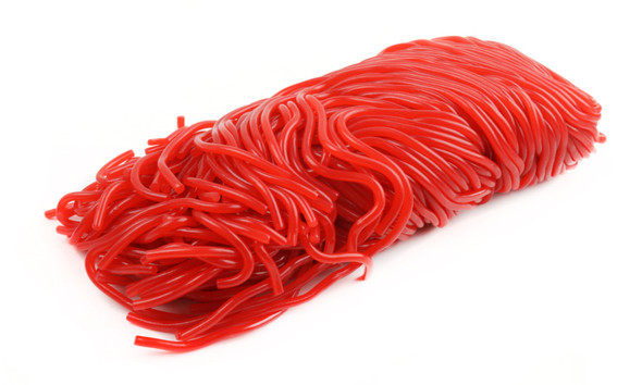 Red Kervan strawberry licorice laces, 10 x 2lb packs. Soft, chewy shoestring candy.