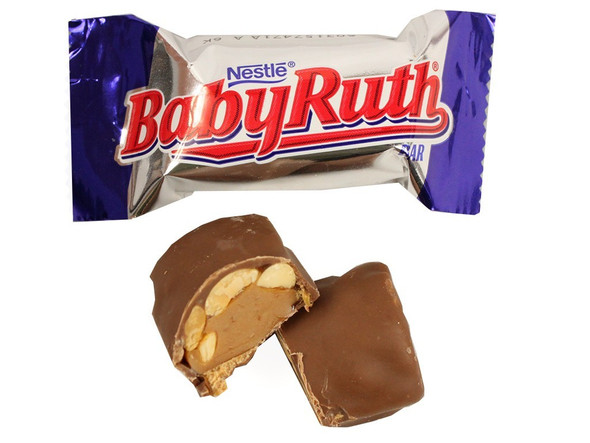 12 Baby Ruth Fun Size candy bars. Individually wrapped, milk chocolate, peanuts, caramel, nougat, in a 10.2 oz pack.