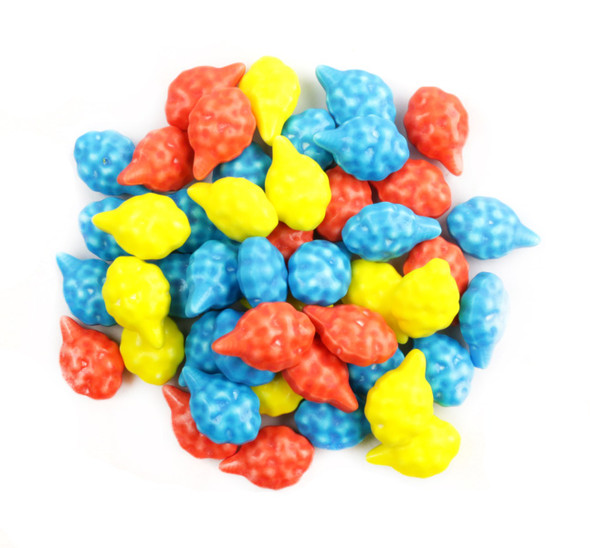 Bulk Cotton Candy shaped pressed candies, bold yellow, blue, red. Cherry, Lemon, Blue Raspberry flavors.