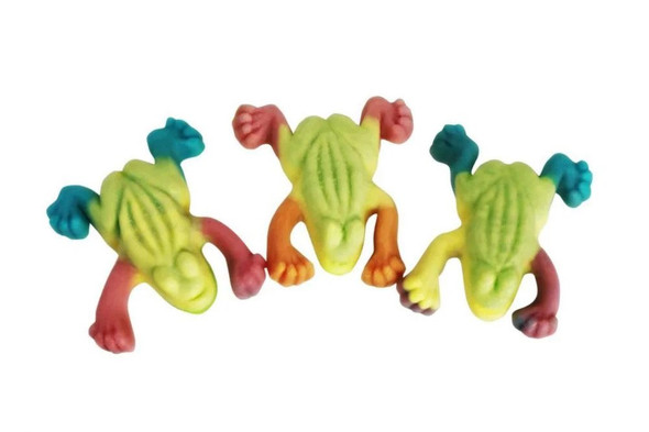 Bright multicolored gummy tropical frogs, filled. Vibrant candy, approx 35 per pound.