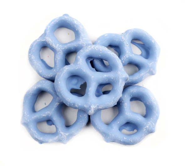 15lb bulk box of mini pretzels coated in bright blue blueberry yogurt, approx 1,350 blue candy pretzels.