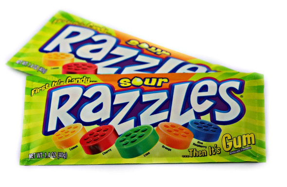 Little round, vibrant sour Razzles candy gum, 12 packs, 24 count, nostalgic sweet and sour treat.