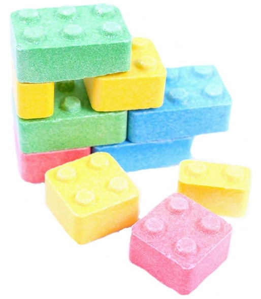 11lb bulk bag of assorted pastel Lego-shaped Candy Blox, fruity building block candy for parties.