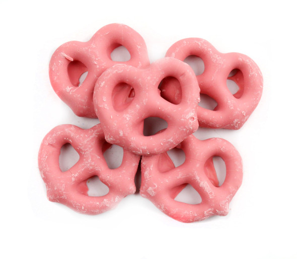 15lb box mini strawberry yogurt pretzels. Sweet pink coated crunchy pretzels, approx 90 per pound for bulk candy buffets.