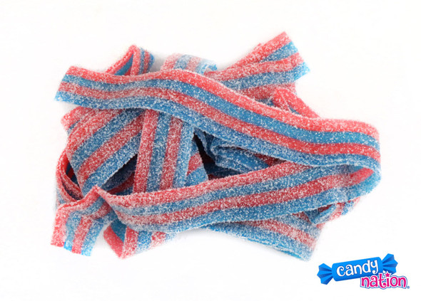 Dorval Sour Belts Blazpberry, bold red and blue striped, tangy sweet raspberry candy, 19.8 LB case.