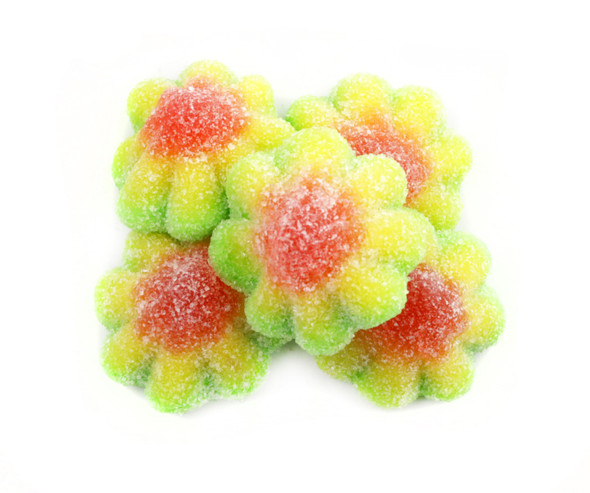 Vibrant green, red, pink sour gummy flowers, 1-inch, 2.2lb, sweet & sour apple, strawberry, watermelon.