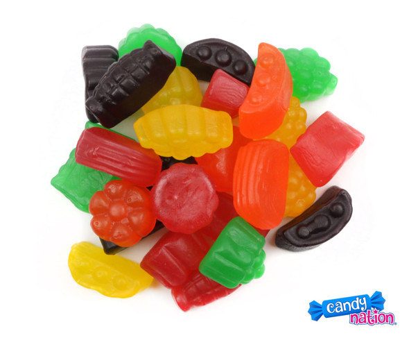 Colorful fruit shaped Fruit Jujubes, 22LB case, approx 90 per pound, firm texture, larger candy assortment.