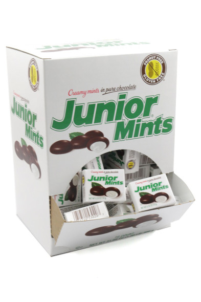 Junior Mints Fun Size chocolate mint candies, 72 pieces, 8 packs. Classic white mints covered in dark brown chocolate.