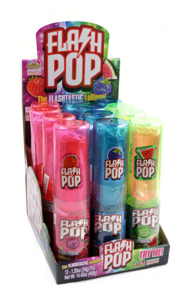 12 count Flash Pop display box, 5 inch flashing lollipops in glowing watermelon, radiant strawberry, beaming blue raspberry.